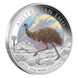 Australian Emu 2026 1oz Silver Coloured Coin - reverse angle