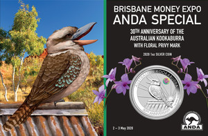 Australian Kookaburra 2020 1oz Silver Coin with Cooktown Orchid Privy in Brisbane Money Expo ANDA Special - in full packaging Australian Kookaburra 2020 1oz Silver Coin with Cooktown Orchid Privy in Brisbane Money Expo ANDA Special - in full packaging