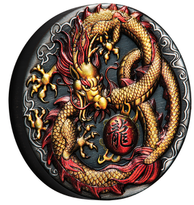 2020 Dragon 2oz Silver Coloured Antiqued Coin - reverse angle view 2020 Dragon 2oz Silver Coloured Antiqued Coin - reverse angle view