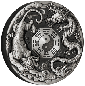 2021 Dragon and Tiger 2oz Silver Antiqued Coin - reverse angle view 2021 Dragon and Tiger 2oz Silver Antiqued Coin - reverse angle view
