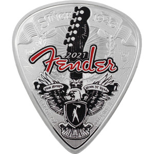2021 Fender 75th Anniversary 1oz Silver Guitar Pick Coin - reverse 2021 Fender 75th Anniversary 1oz Silver Guitar Pick Coin - reverse