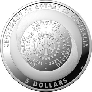 Centenary of Rotary Australia 2021 $5 Silver Proof Coin - reverse Centenary of Rotary Australia 2021 $5 Silver Proof Coin - reverse