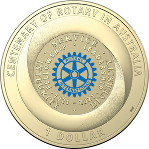 Centenary of Rotary Australia 2021 $1 AlBr Coloured Uncirculated Coin - reverse Centenary of Rotary Australia 2021 $1 AlBr Coloured Uncirculated Coin - reverse