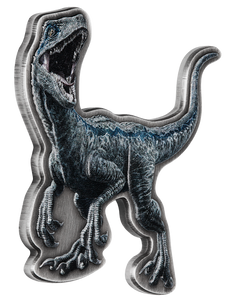 2021 Jurassic World 2oz Silver Antiqued Blue the Velociraptor Shaped Coin - reverse angle view 2021 Jurassic World 2oz Silver Antiqued Blue the Velociraptor Shaped Coin - reverse angle view