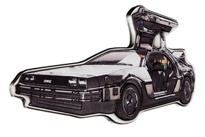 2021 Back to the Future DeLorean Time Machine Shaped 2oz Antiqued Silver Coin - reverse 2021 Back to the Future DeLorean Time Machine Shaped 2oz Antiqued Silver Coin - reverse
