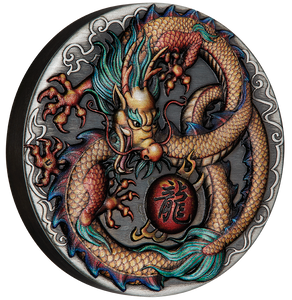 Dragon 2022 2oz Silver Antiqued and Coloured Coin - reverse Dragon 2022 2oz Silver Antiqued and Coloured Coin - reverse