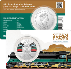 2022 50c CuNi Coloured Uncirculated SINGLE COIN – Australian Steam Trains – SA Railways - in presentation card 2022 50c CuNi Coloured Uncirculated SINGLE COIN – Australian Steam Trains – SA Railways - in presentation card