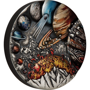 2022 Planets Of The Solar System 5oz Silver Antiqued Coloured Coin - reverse angle view 2022 Planets Of The Solar System 5oz Silver Antiqued Coloured Coin - reverse angle view
