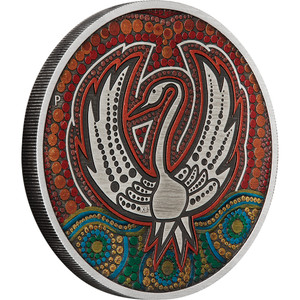 Black Swan Maali 2022 2oz Silver Antiqued Coloured Coin - reverse Black Swan Maali 2022 2oz Silver Antiqued Coloured Coin - reverse