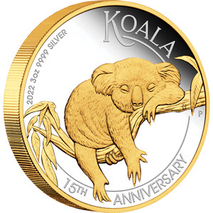 Australian Koala – 15th Anniversary 2022 3oz Silver Gilded Coin - reverse Australian Koala – 15th Anniversary 2022 3oz Silver Gilded Coin - reverse