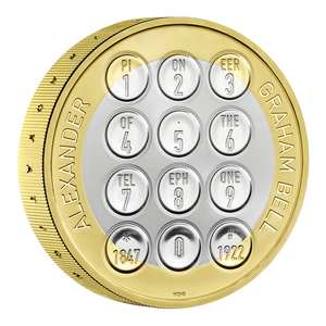 2022 24g Great Britain Alexander Graham Bell .925 Silver Proof Piedfort Coin - reverse angle view 2022 24g Great Britain Alexander Graham Bell .925 Silver Proof Piedfort Coin - reverse angle view