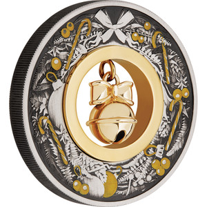 Jingle Bell 2022 2oz Silver Antiqued Coloured Coin - reverse - side view Jingle Bell 2022 2oz Silver Antiqued Coloured Coin - reverse - side view