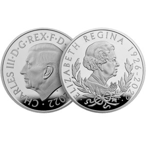 Great Britain 2022 £2 1-oz Silver Her Majesty Queen Elizabeth II Memorial Proof Coin - reverse and obverse Great Britain 2022 £2 1-oz Silver Her Majesty Queen Elizabeth II Memorial Proof Coin - reverse and obverse