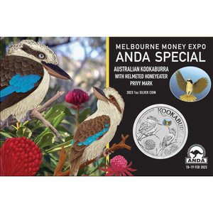 2023 ANDA Melbourne - Kookaburra 1oz Silver Coin With Helmeted Honeyeater Privy Mark - in full packaging 2023 ANDA Melbourne - Kookaburra 1oz Silver Coin With Helmeted Honeyeater Privy Mark - in full packaging