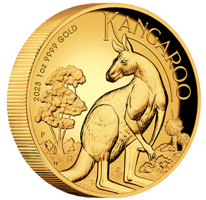 2023 Australian Kangaroo 1oz Gold Proof High Relief Coin - reverse - angle view 2023 Australian Kangaroo 1oz Gold Proof High Relief Coin - reverse - angle view