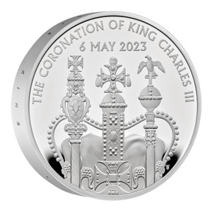 2023 £5 The Coronation of His Majesty King Charles 2oz Silver Proof Piedfort Coin - reverse angle view 2023 £5 The Coronation of His Majesty King Charles 2oz Silver Proof Piedfort Coin - reverse angle view