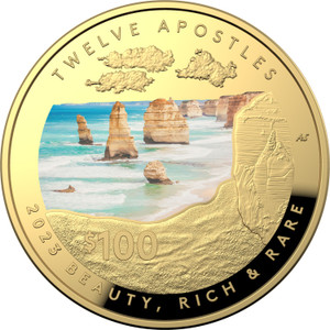 2023 $100 Gold Coloured Proof Domed Coin – Beauty, Rich & Rare – Twelve Apostles - reverse 2023 $100 Gold Coloured Proof Domed Coin – Beauty, Rich & Rare – Twelve Apostles - reverse