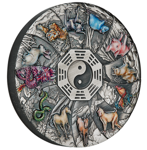 2023 12 Lunar Animals 5oz Silver Antiqued Coloured Coin - reverse angle view 2023 12 Lunar Animals 5oz Silver Antiqued Coloured Coin - reverse angle view