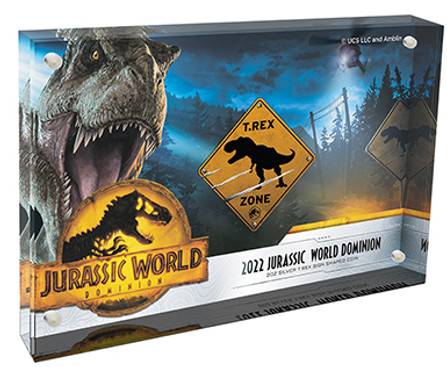 OUT NOW  2022 Jurassic World 2oz Silver T.Rex Zone Sign Shaped Coin OUT NOW  2022 Jurassic World 2oz Silver T.Rex Zone Sign Shaped Coin