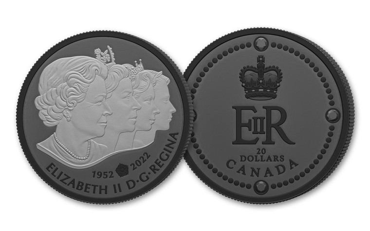 Canada $20 1-oz Silver & Black Rhodium Elizabeth II Royal Cypher Gem Proof Coin - reverse and obverse