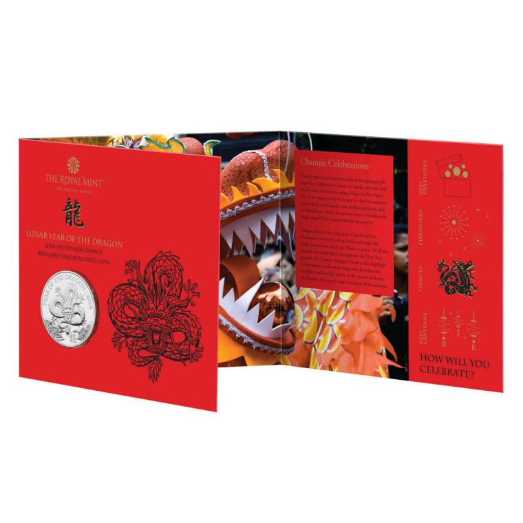 Lunar Year of the Dragon 2024 UK £5 Brilliant Uncirculated Coin - in presentation card
