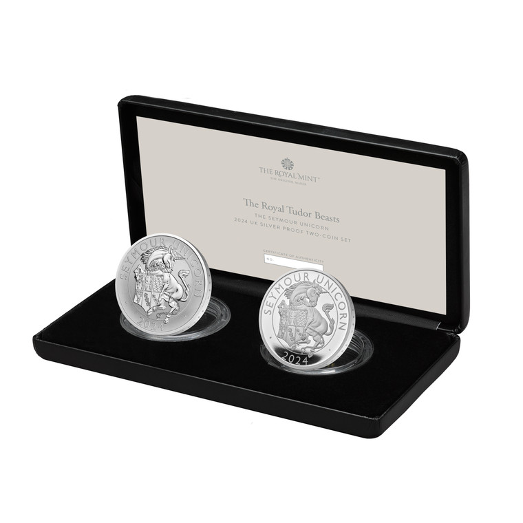 The Royal Tudor Beasts The Seymour Unicorn 2024 UK Silver Proof Two-Coin Set - in presentation box
