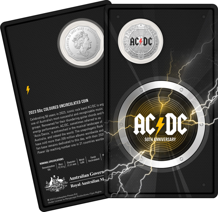 50th anniversary of AC/DC 2023 50c CuNi Coloured Uncirculated Coin - in presentation card