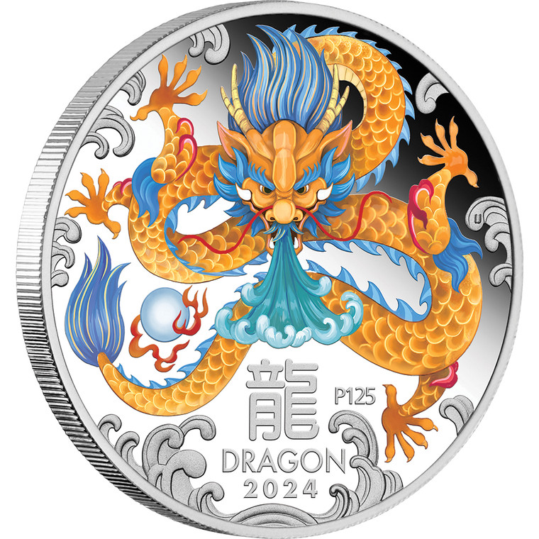 Australian Lunar Series III 2024 Year of the Dragon 1oz Silver Proof Coloured Coin - reverse