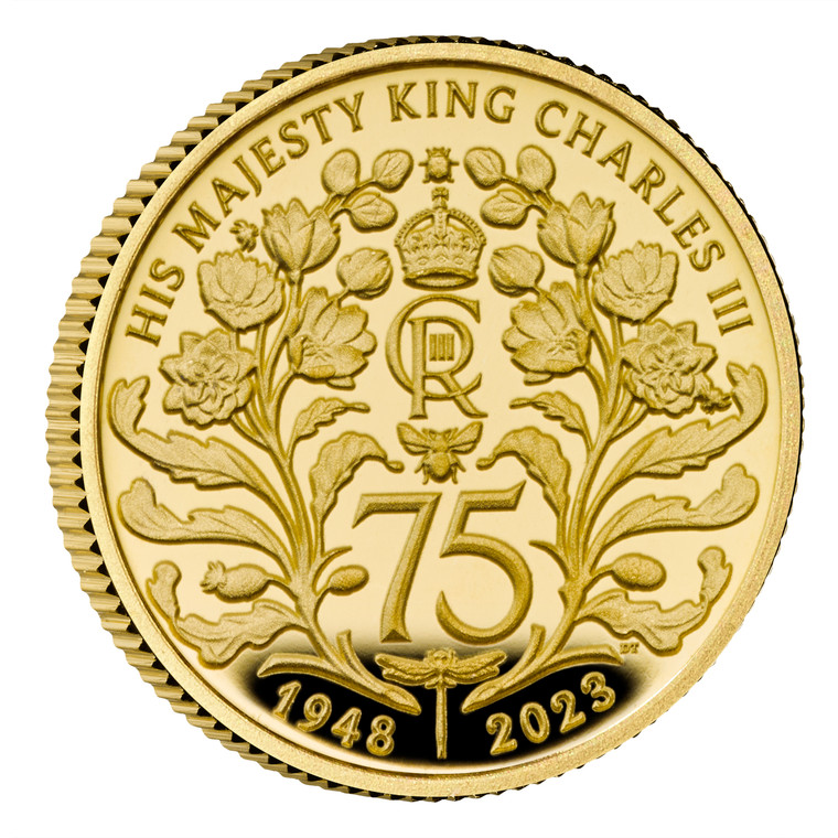 The 75th Birthday of His Majesty King Charles III 2023 UK 1/40oz Gold Proof Coin - reverse - angle view