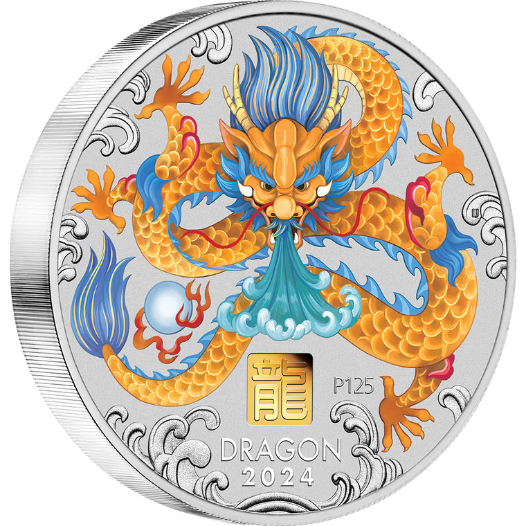 2024 Year of the Dragon 1 Kilo Silver Coloured Coin with Gold Privy Mark - reverse