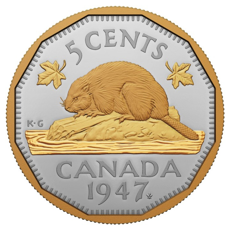 Canada: 1947 Maple Leaf Mark 5-Cent Silver 2023 Gilded Proof Coin - reverse