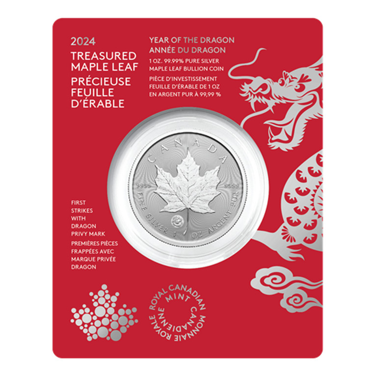 2024 1-oz. 99.99% Pure Silver Coin – Treasured Silver Maple Leaf First Strikes: Year of the Dragon Privy Mark (Premium Bullion) - packaging