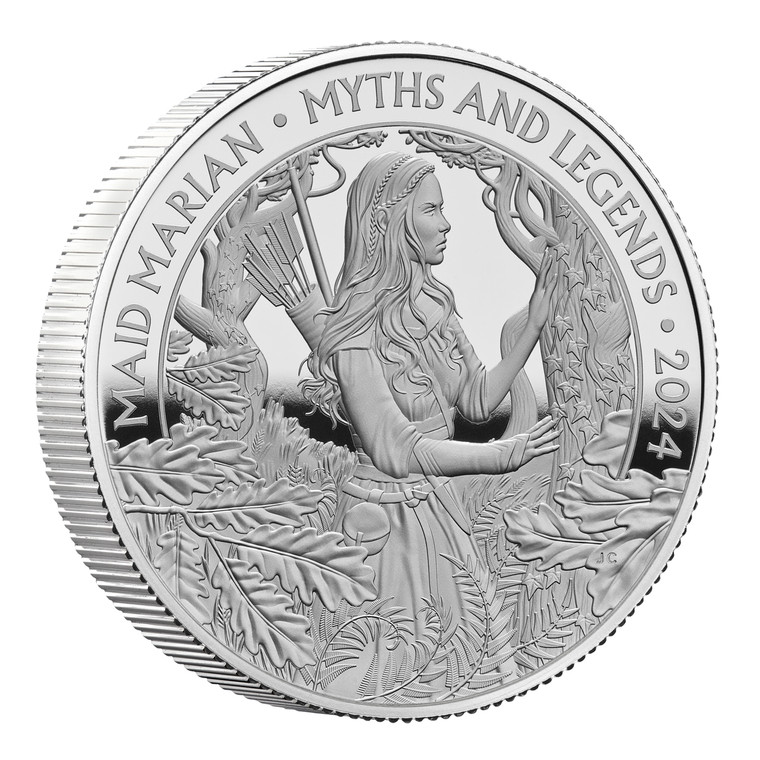 Myths and Legends Maid Marian 2024 UK 2oz Silver Proof Coin - reverse - angle view