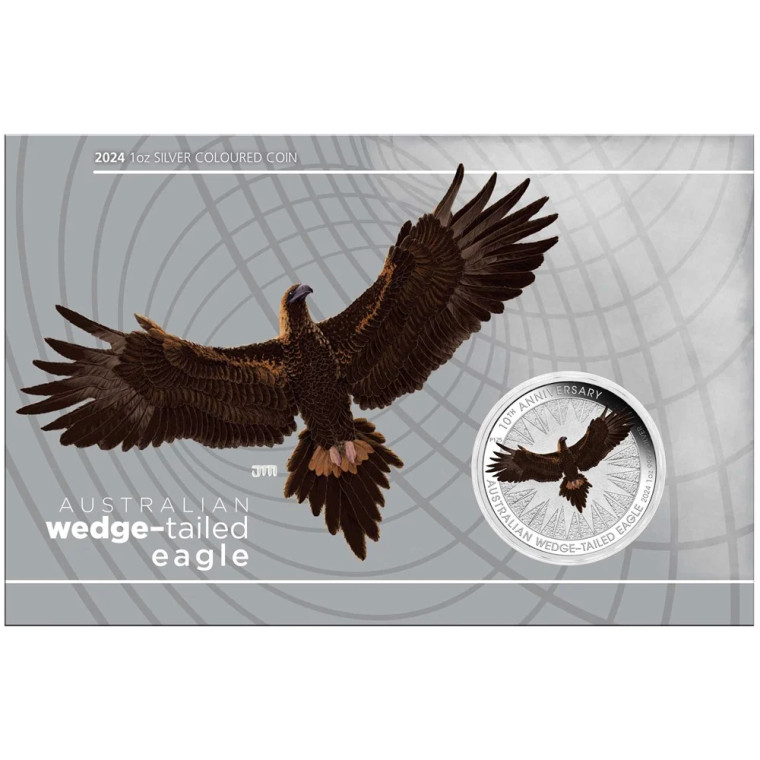  Australian Wedge-tailed Eagle 10th Anniversary 2024 1oz Silver Coloured Coin in Card - in presentation card
