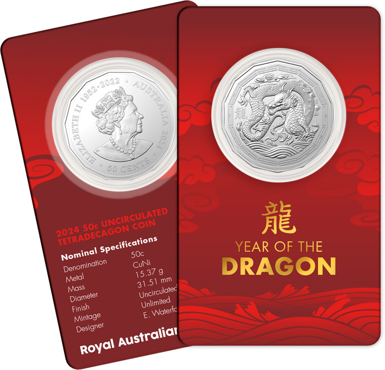 Lunar Year of the Dragon 2024 50c CuNi Tetra Decagon Uncirculated Coin - in presentation card