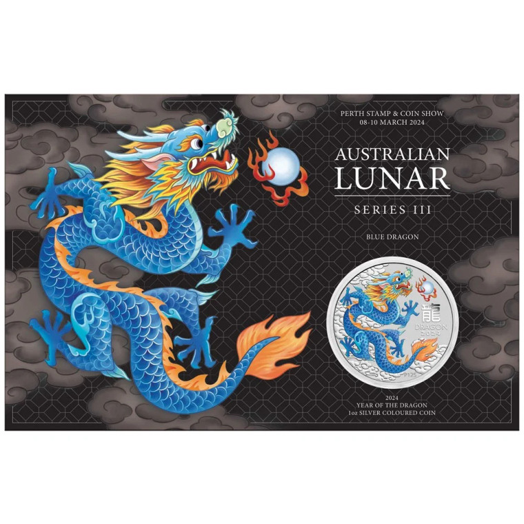 Perth Stamp and Coin Show Special Australian Lunar Series III 2024 Year of the Dragon 1oz Silver Blue Coloured Coin in Card - in presentation card