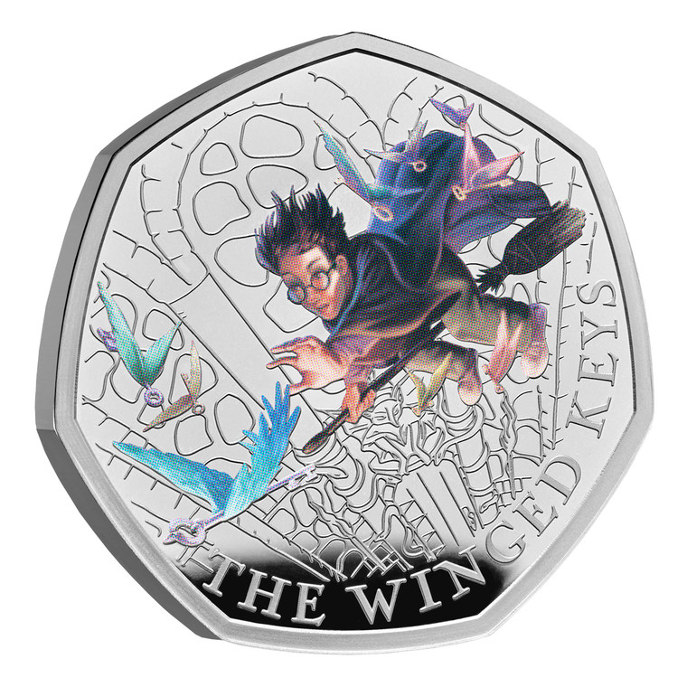 Harry Potter - Winged Keys 2024 UK 50p Coloured Silver Proof Colour Coin - reverse - angle view