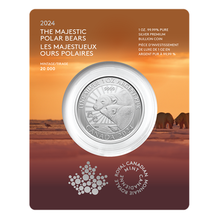 2024 $5 1 oz. 99.99% Pure Silver Coin - The Majestic Polar Bears (Premium Bullion) - in card front