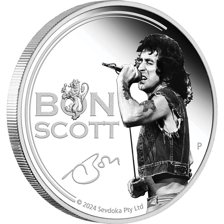 Bon Scott 2024 1oz Silver Proof Coloured Coin - reverse