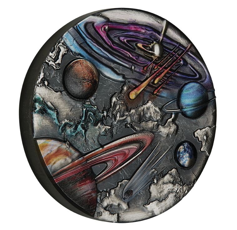 2024 Universe Starry Sky And Planets 5oz Silver Antiqued Coloured Coin - reverse - angle view