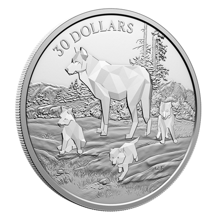 2024 $30 Fine Silver Coin - Multifaceted Animal Family: Timber Wolves - reverse - angle view