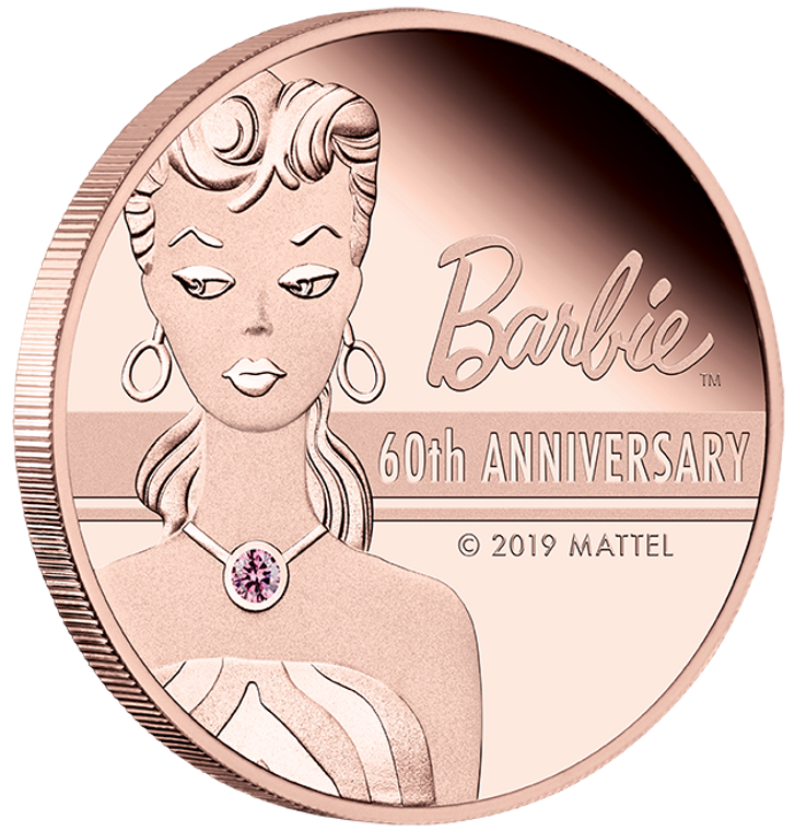 2019 Barbie™ 60th Anniversary  2oz Rose Gold Proof Coin - angle view - reverse