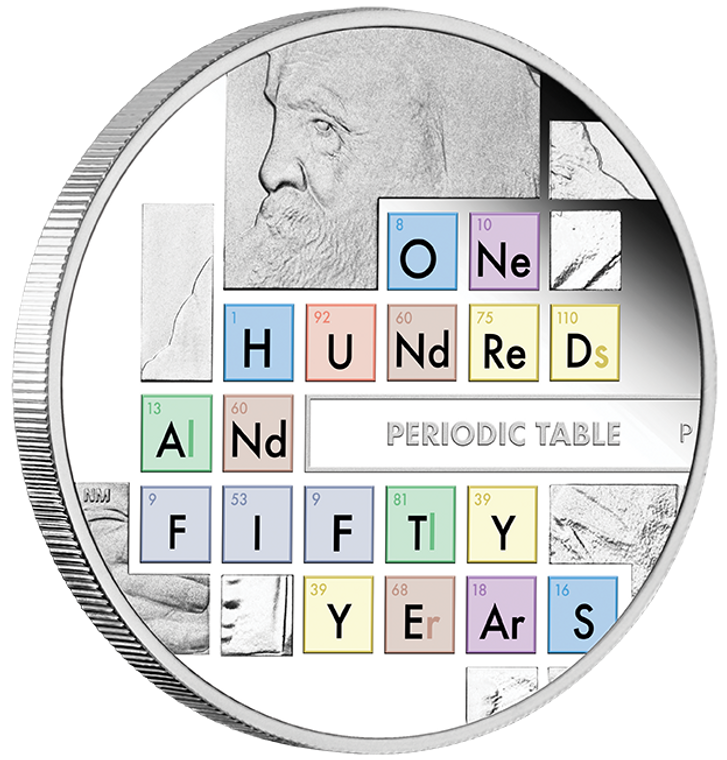 2019 150th Anniversary of the Periodic Table 1oz Silver Proof Coin  - reverse - angle view