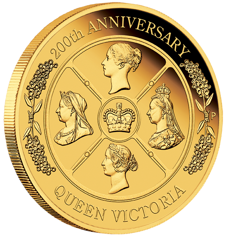 2019 Queen Victoria 200th Anniversary 2oz Gold Proof Coin  - Reverse - Angle view