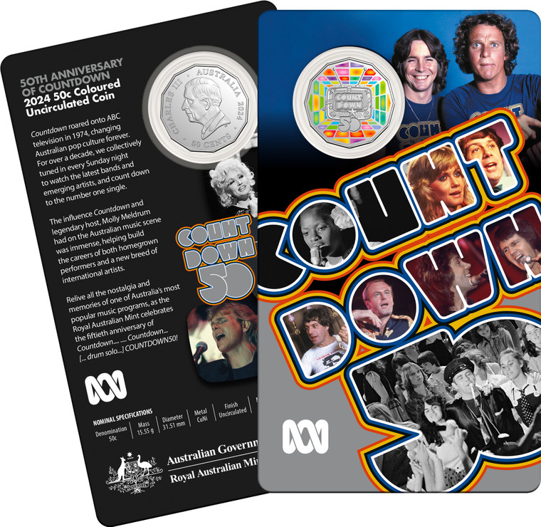 2024 50c Coloured Uncirculated Coin in Card - 50th Anniversary of Countdown - card