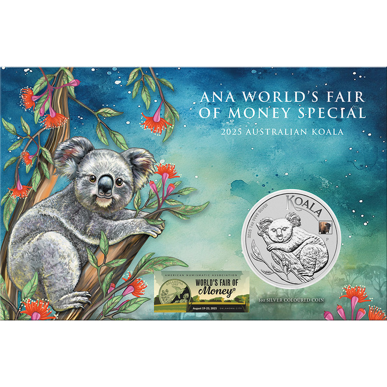 ANA World's Fair of Money Show Special Australian Koala 2025 1oz Silver Coin with Bison Privy - presentation front