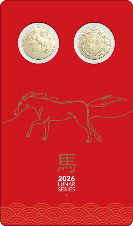 2026 $1 Uncirculated Two-Coin Set – Lunar Series – Year of the Horse - Coin n Display Card Front
