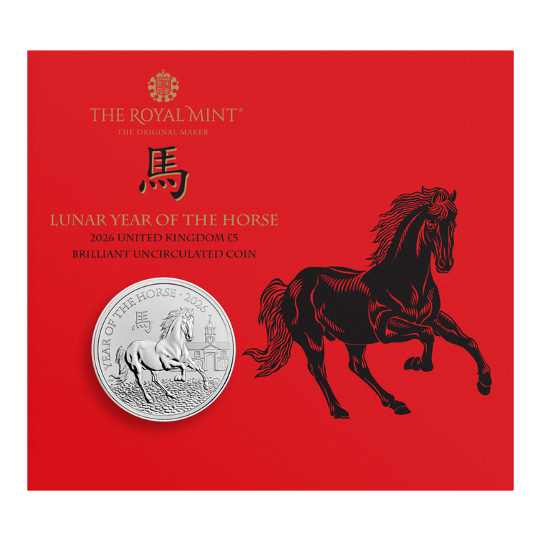 Lunar Year of the Horse 2026 UK £5 Brilliant Uncirculated Coin - Coin in Card Open