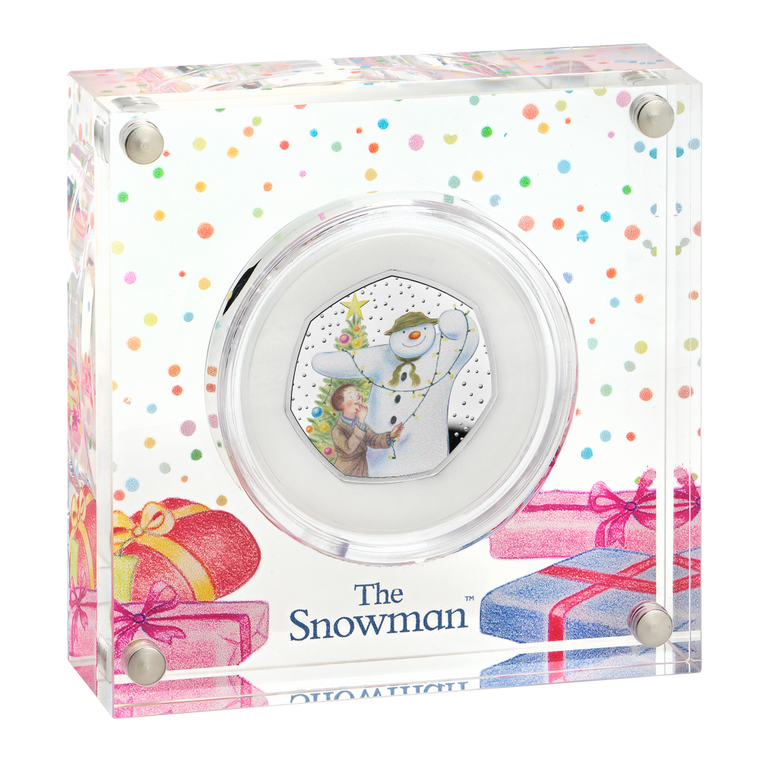 The Snowman 2025 Silver Proof Colour Coin - Acrylic block angled