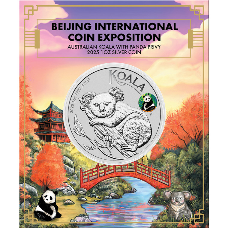 BEIJING INTERNATIONAL COIN EXPOSITION Australian Koala with Panda Privy 2025 1oz Silver Coin in Card - Coin in Card Presetation